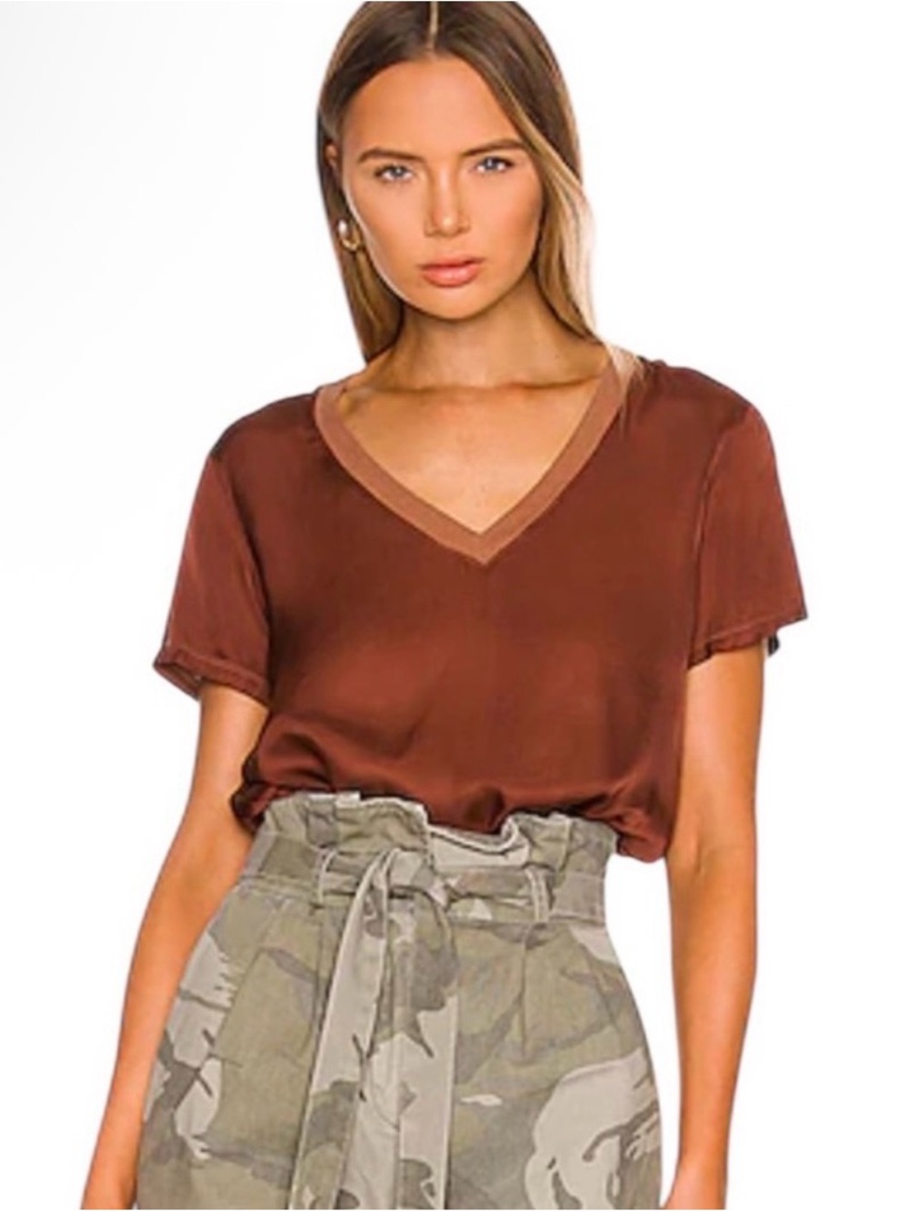 Nation Los Angeles June‎ Cinnamon V-Neck Satin Short Sleeve Top XXL